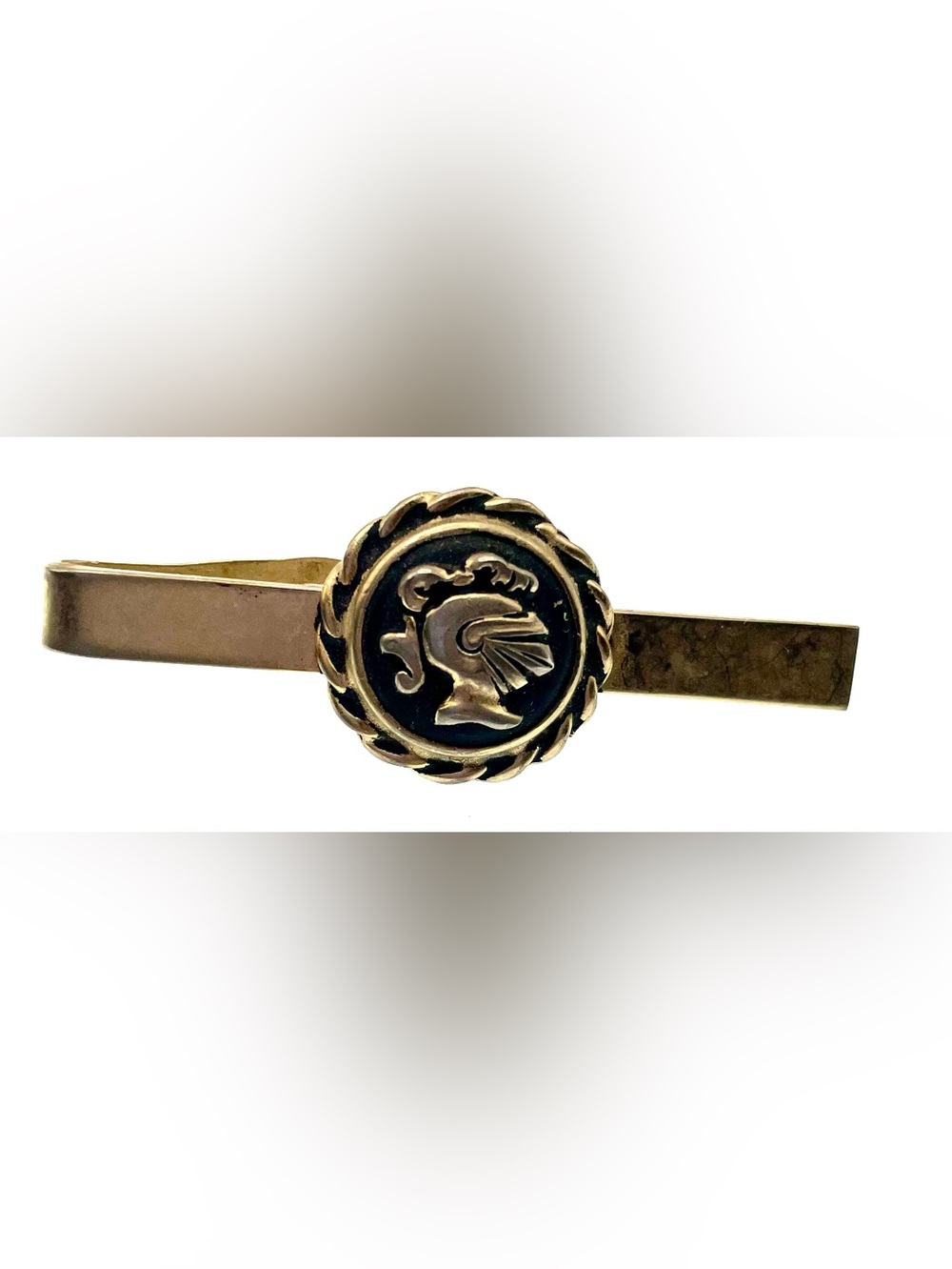 Vintage Gold Tone Roman Warrior Tie Bar Clip Black Enamel Mid Century